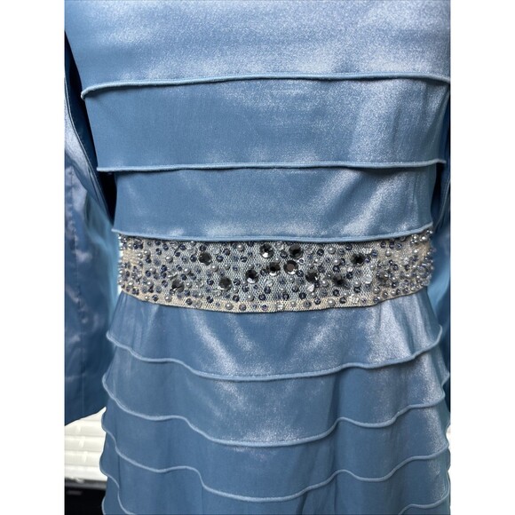 Adrianna Papell Blue Tiered Satin Dress & Jacket Set Beaded Waist Size 10 - Picture 9 of 17